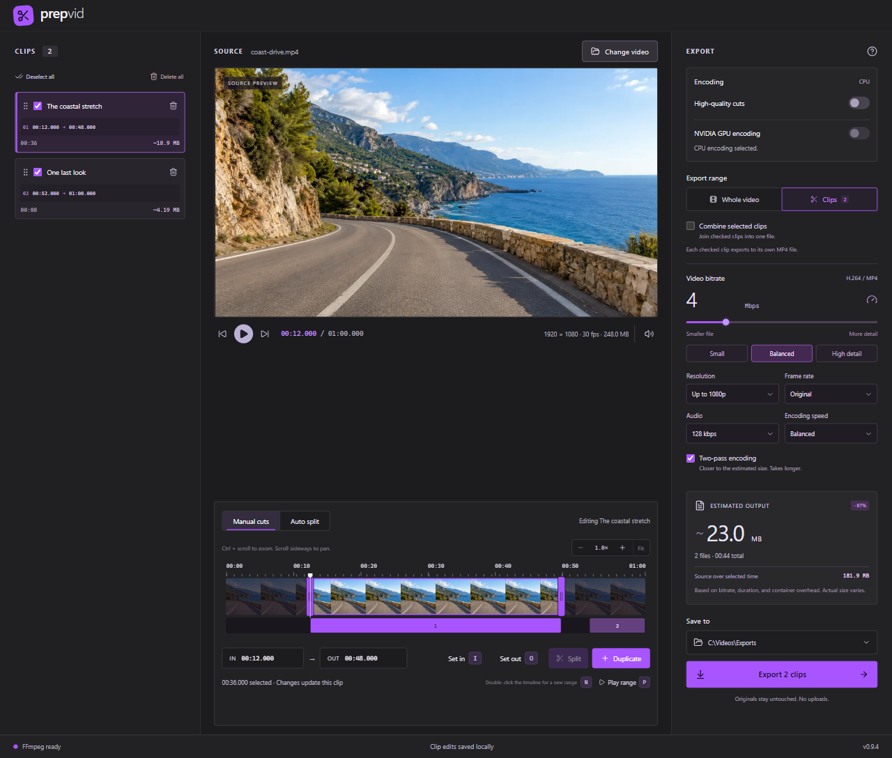 The Prepvid desktop app with a clip list on the left, source preview and precise trim controls in the middle, and compression and export settings on the right.